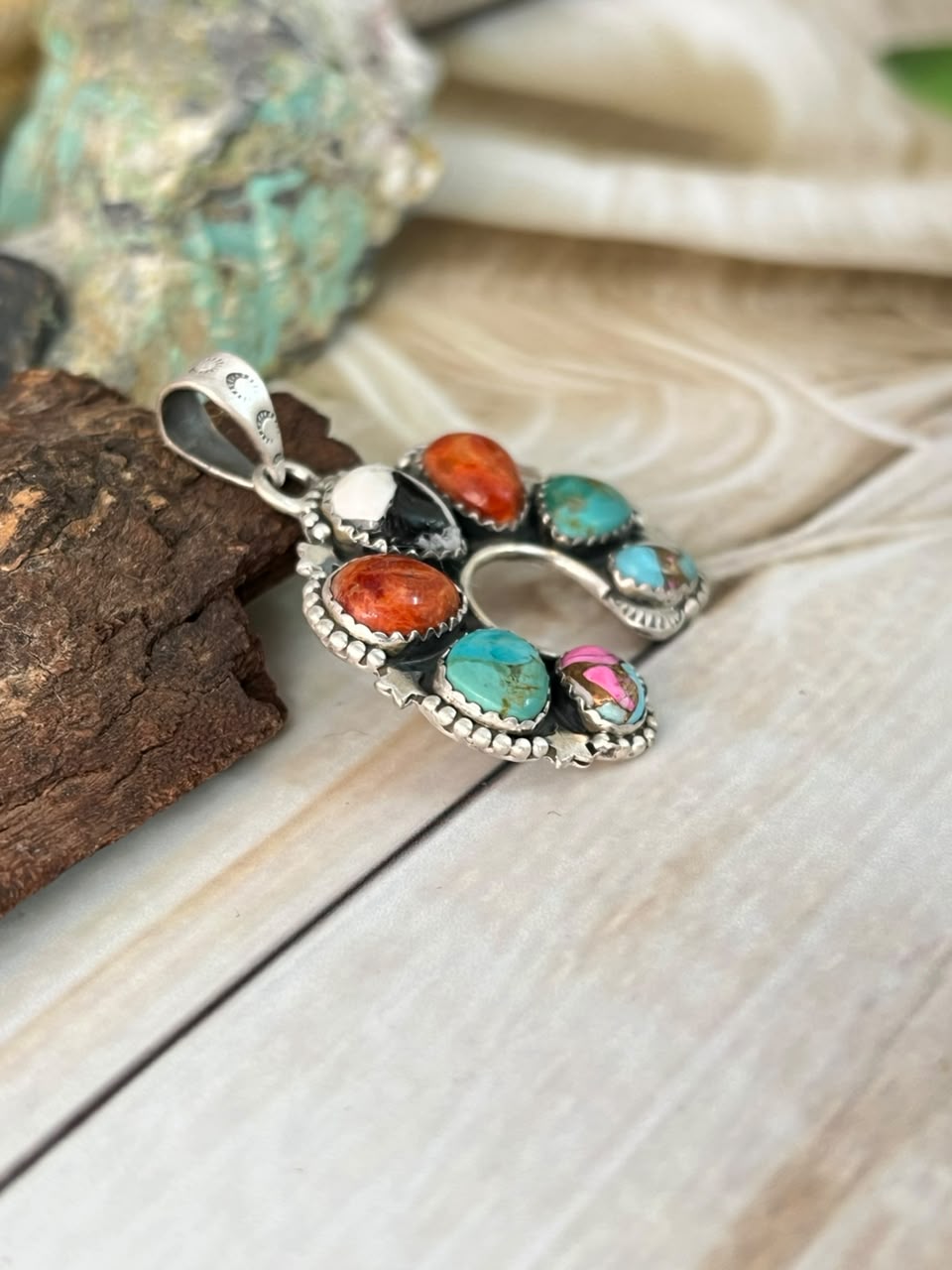Handmade Sterling Silver Cotton Candy with Orange Mojave, White Buffalo and Kingman Turquoise Naja Pendant Signed Nizhoni