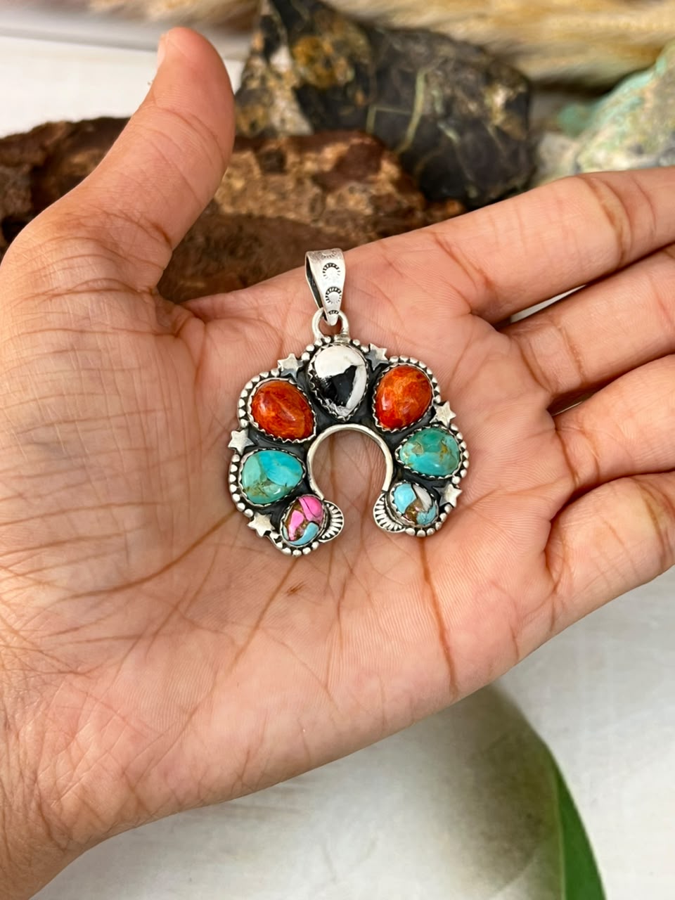 Handmade Sterling Silver Cotton Candy with Orange Mojave, White Buffalo and Kingman Turquoise Naja Pendant Signed Nizhoni