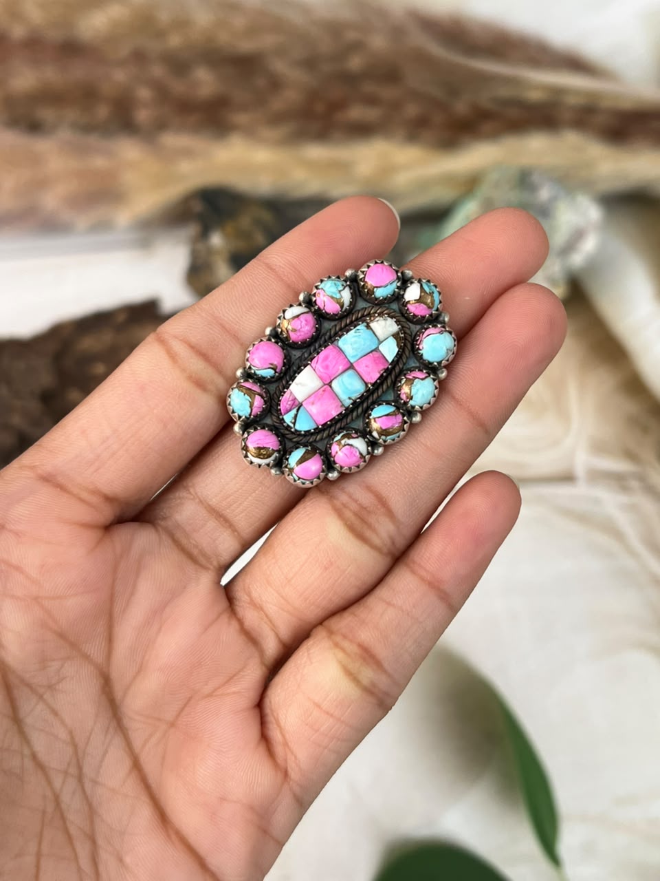 Handmade Sterling Silver Cotton Candy Cobble Stone Adjustable Ring Signed Nizhoni