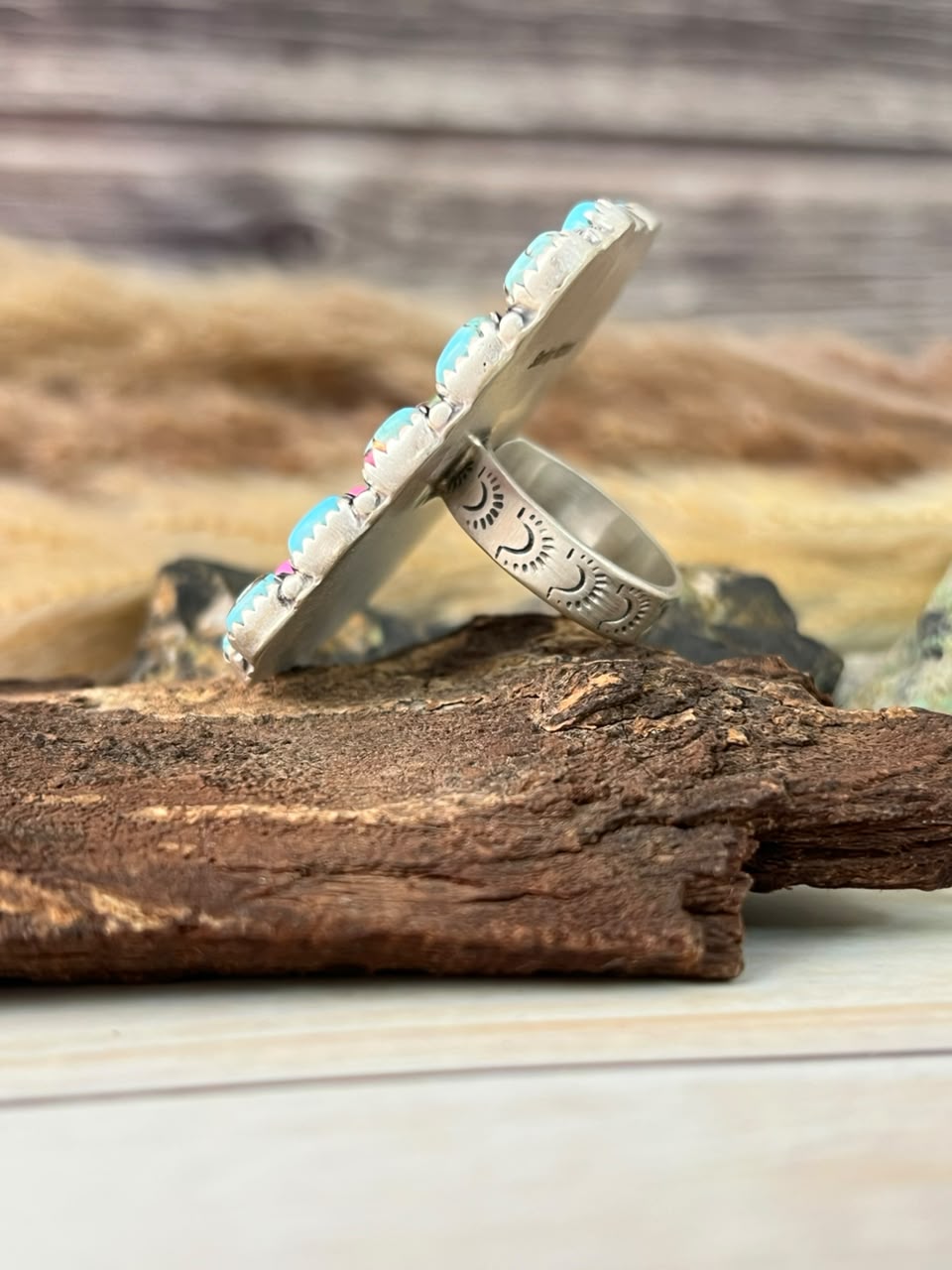 Handmade Sterling Silver Cotton Candy with Cripple Creek Turquoise Adjustable Ring Signed Nizhoni