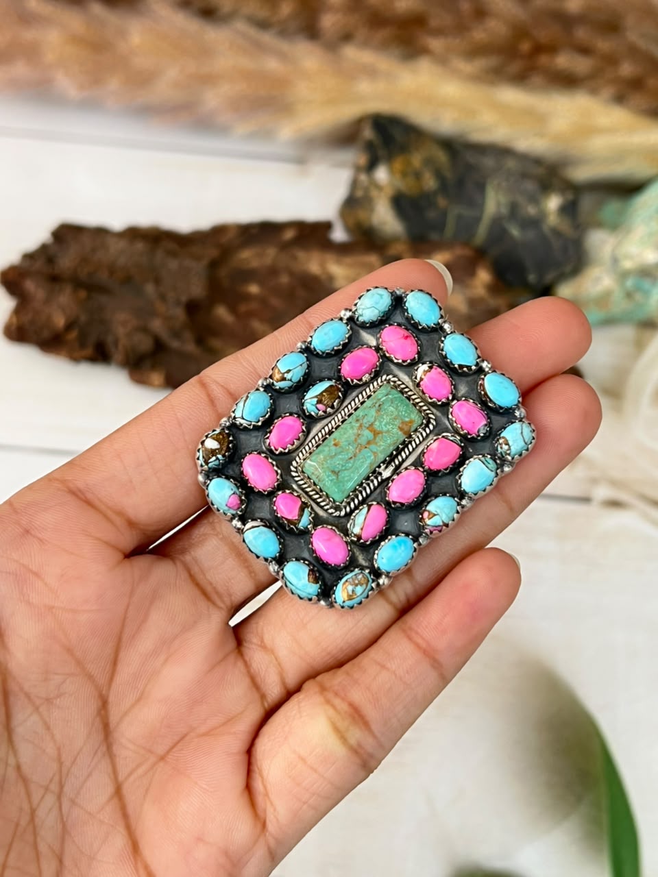 Handmade Sterling Silver Cotton Candy with Cripple Creek Turquoise Adjustable Ring Signed Nizhoni