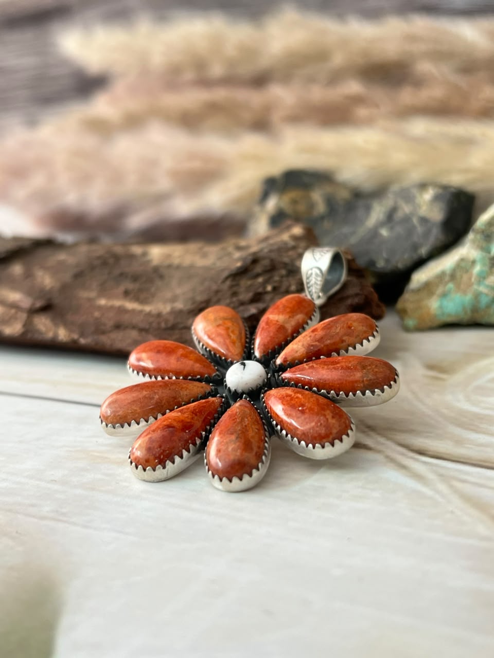 Handmade Sterling Silver Orange Mojave with White Buffalo Pendant Signed Nizhoni