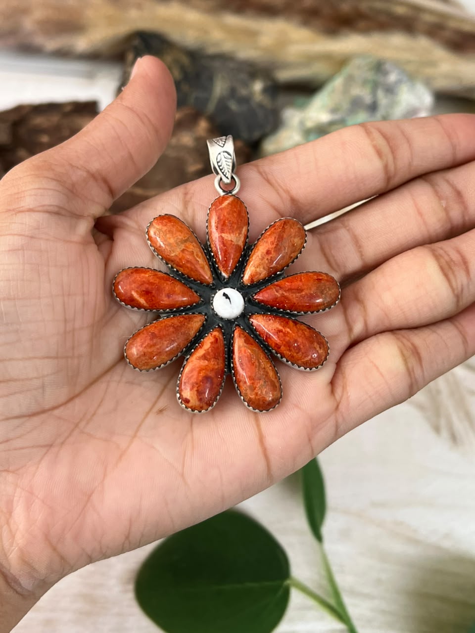 Handmade Sterling Silver Orange Mojave with White Buffalo Pendant Signed Nizhoni