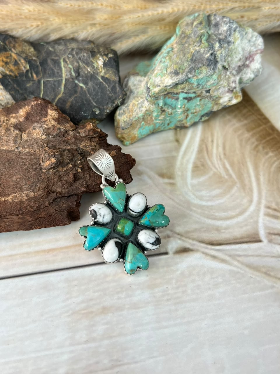 Handmade Sterling Silver White Buffalo with Kingman Turquoise Pendant Signed Nizhoni