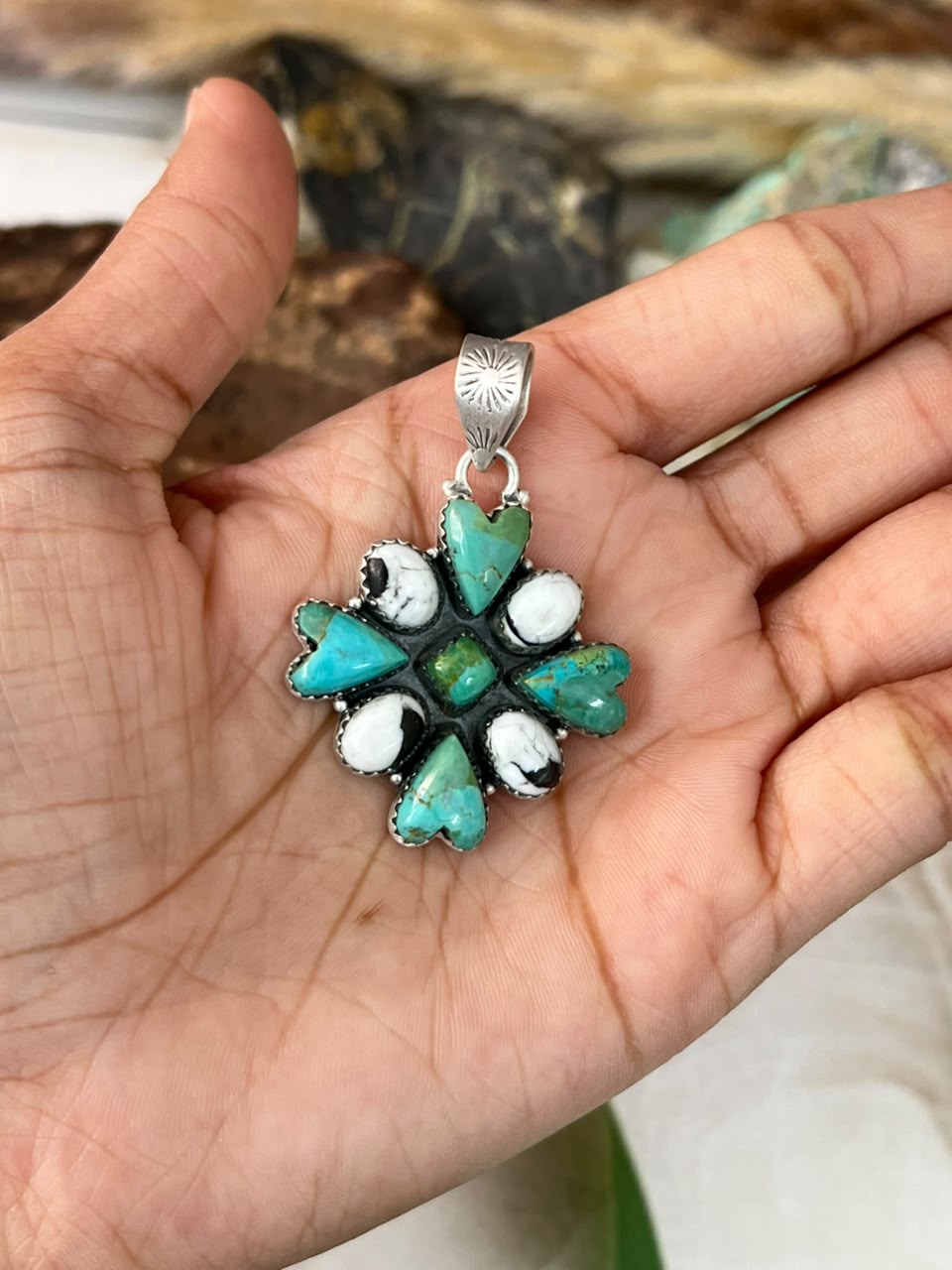 Handmade Sterling Silver White Buffalo with Kingman Turquoise Pendant Signed Nizhoni
