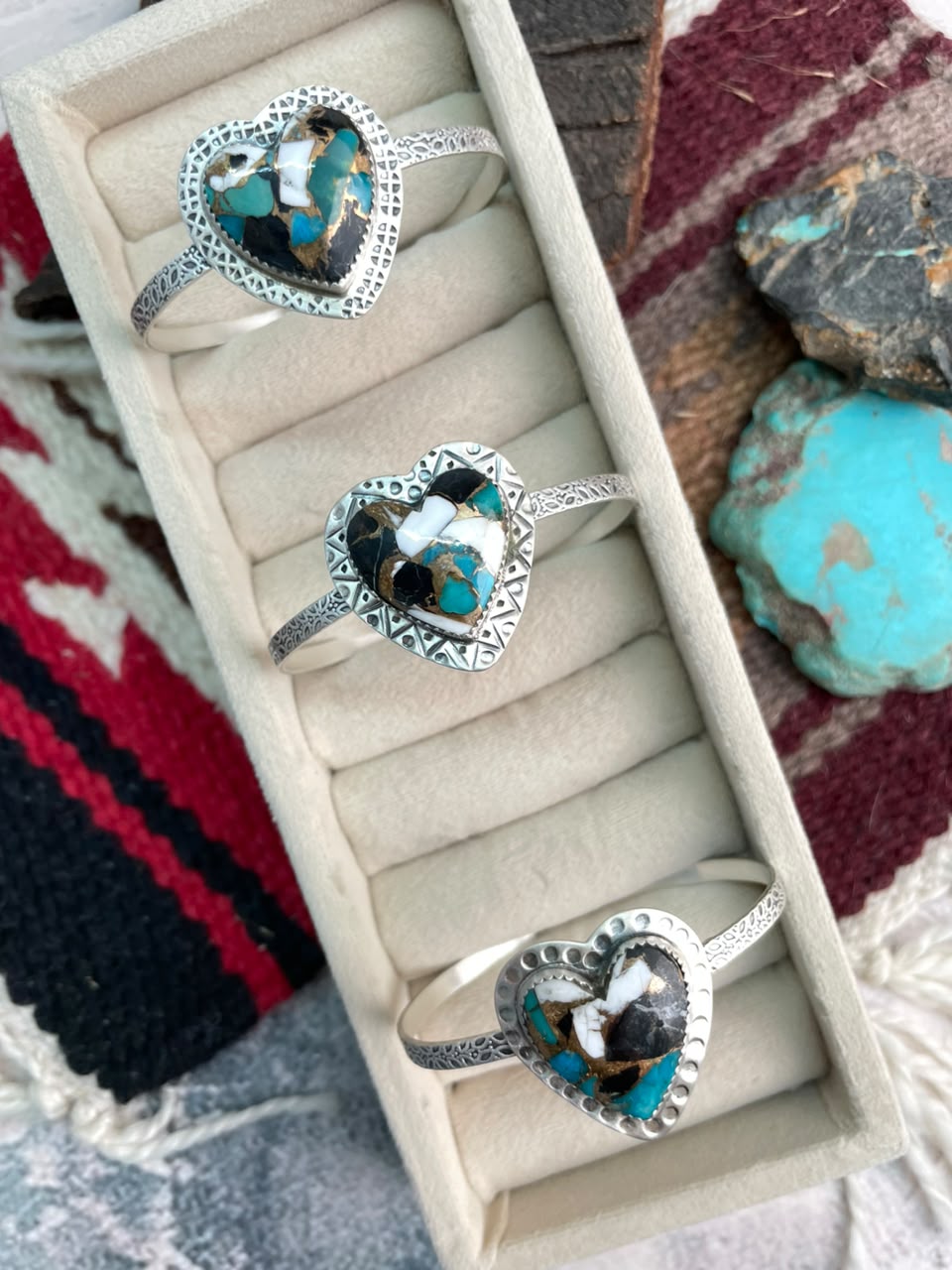 Handmade Sterling Silver Kingman with White Buffalo Turquoise Heart Cuff Bracelet Signed Nizhoni