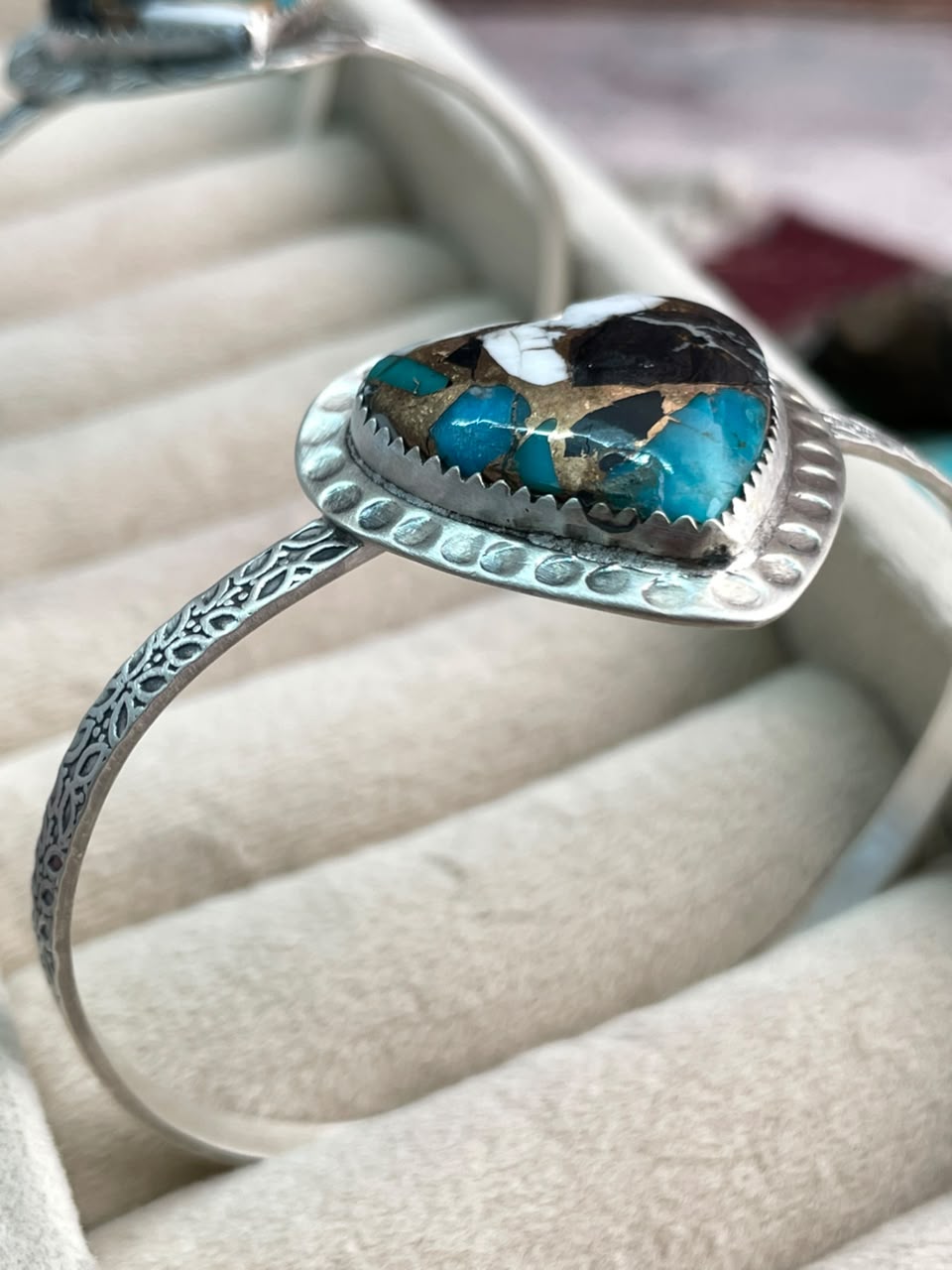 Handmade Sterling Silver Kingman with White Buffalo Turquoise Heart Cuff Bracelet Signed Nizhoni