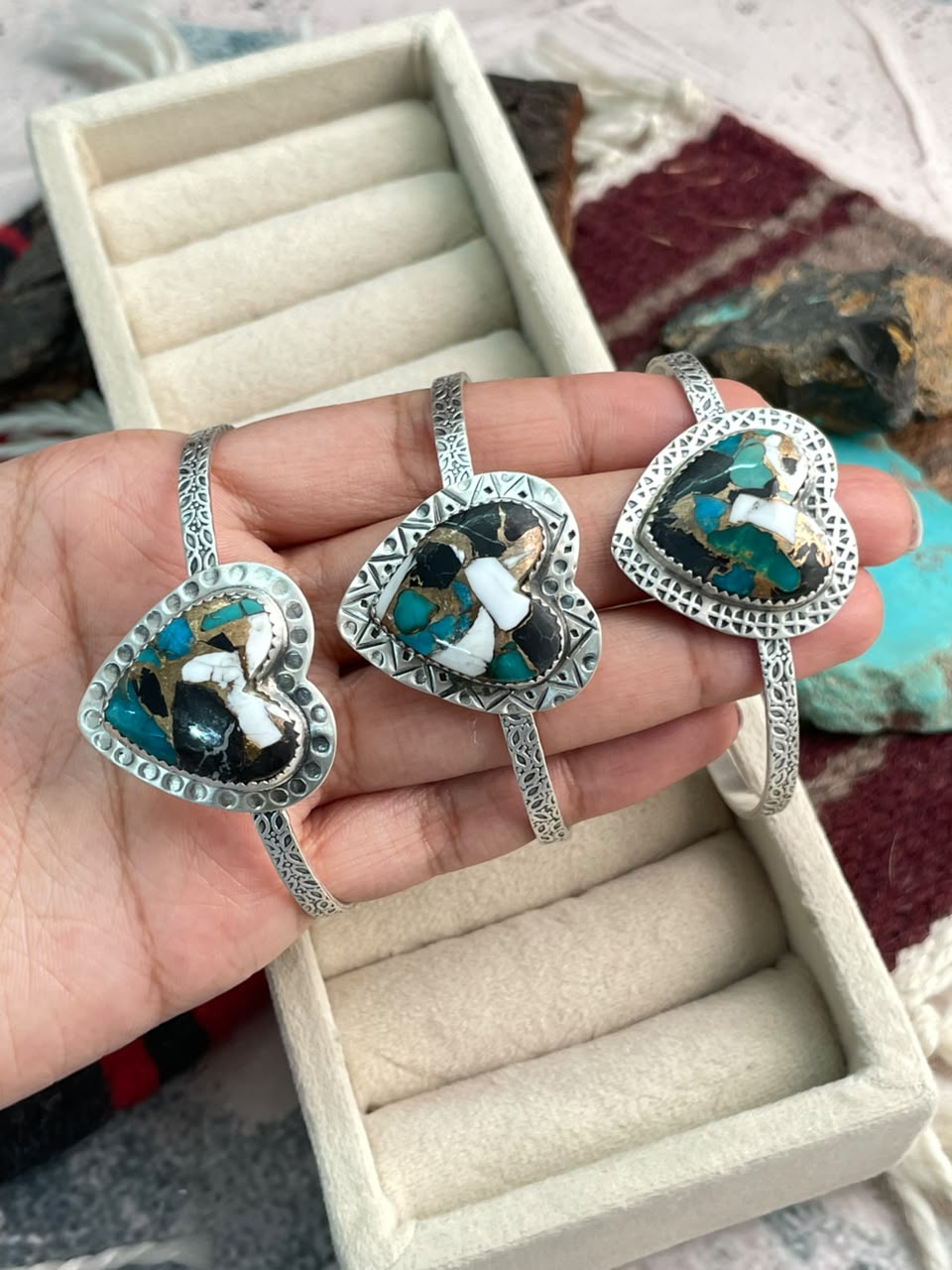 Handmade Sterling Silver Kingman with White Buffalo Turquoise Heart Cuff Bracelet Signed Nizhoni