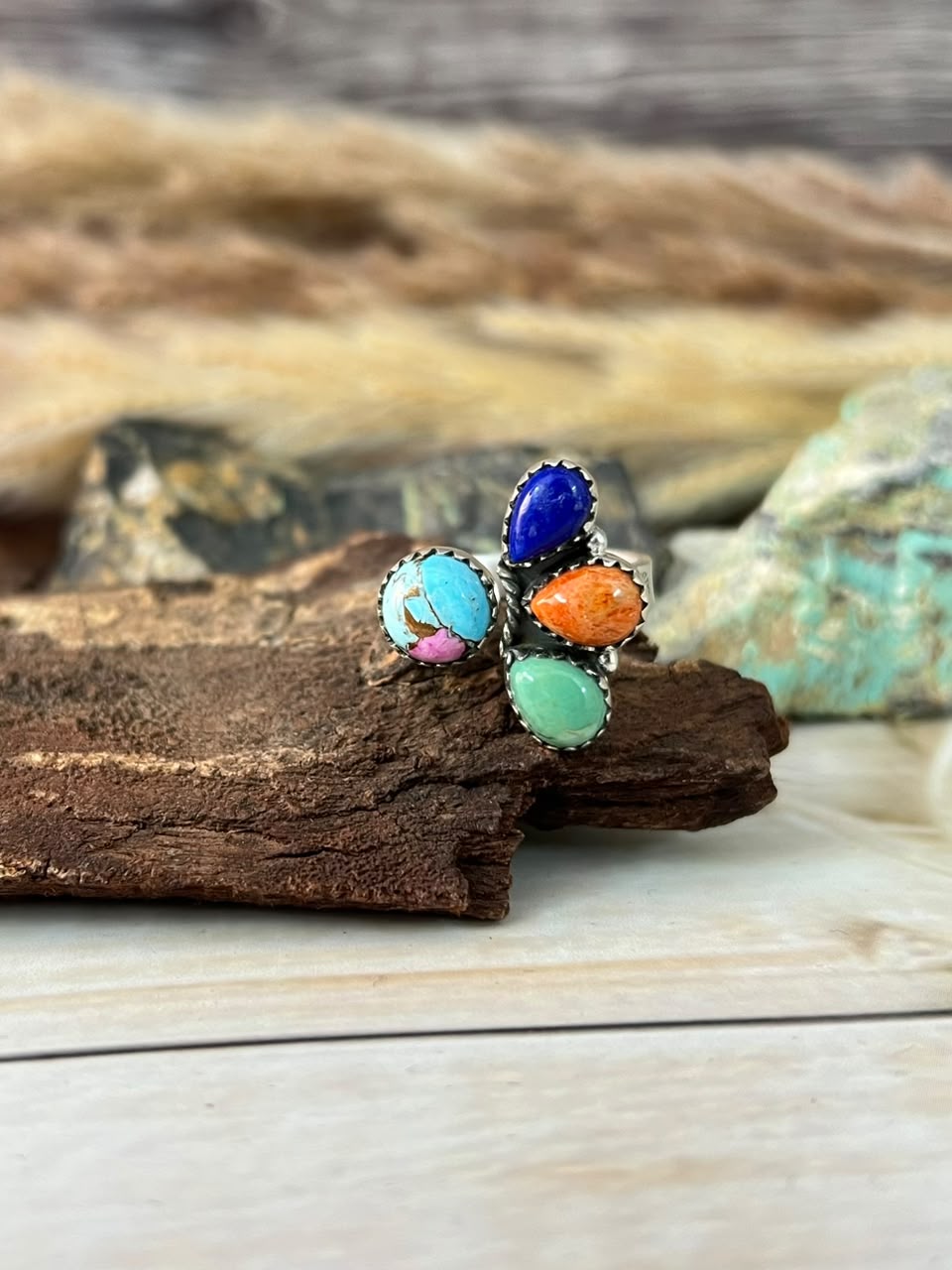 Handmade Sterling Silver Lapis with Kingman Turquoise, Orange Mojave and Cotton Candy Adjustable Ring Signed Nizhoni