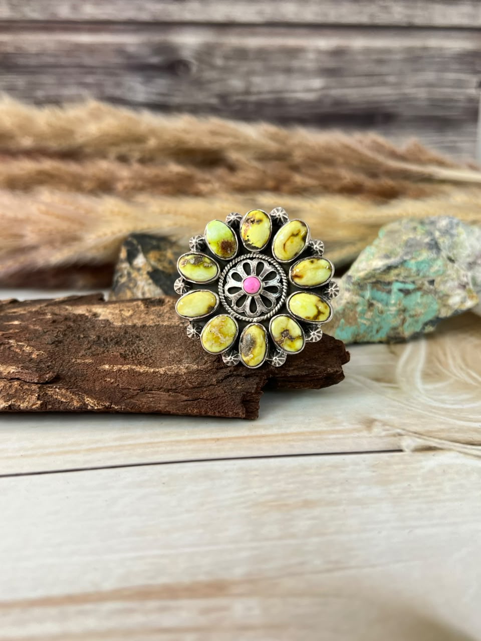 Handmade Sterling Silver Palomino Turquoise with Cotton Candy Adjustable Ring Signed Nizhoni