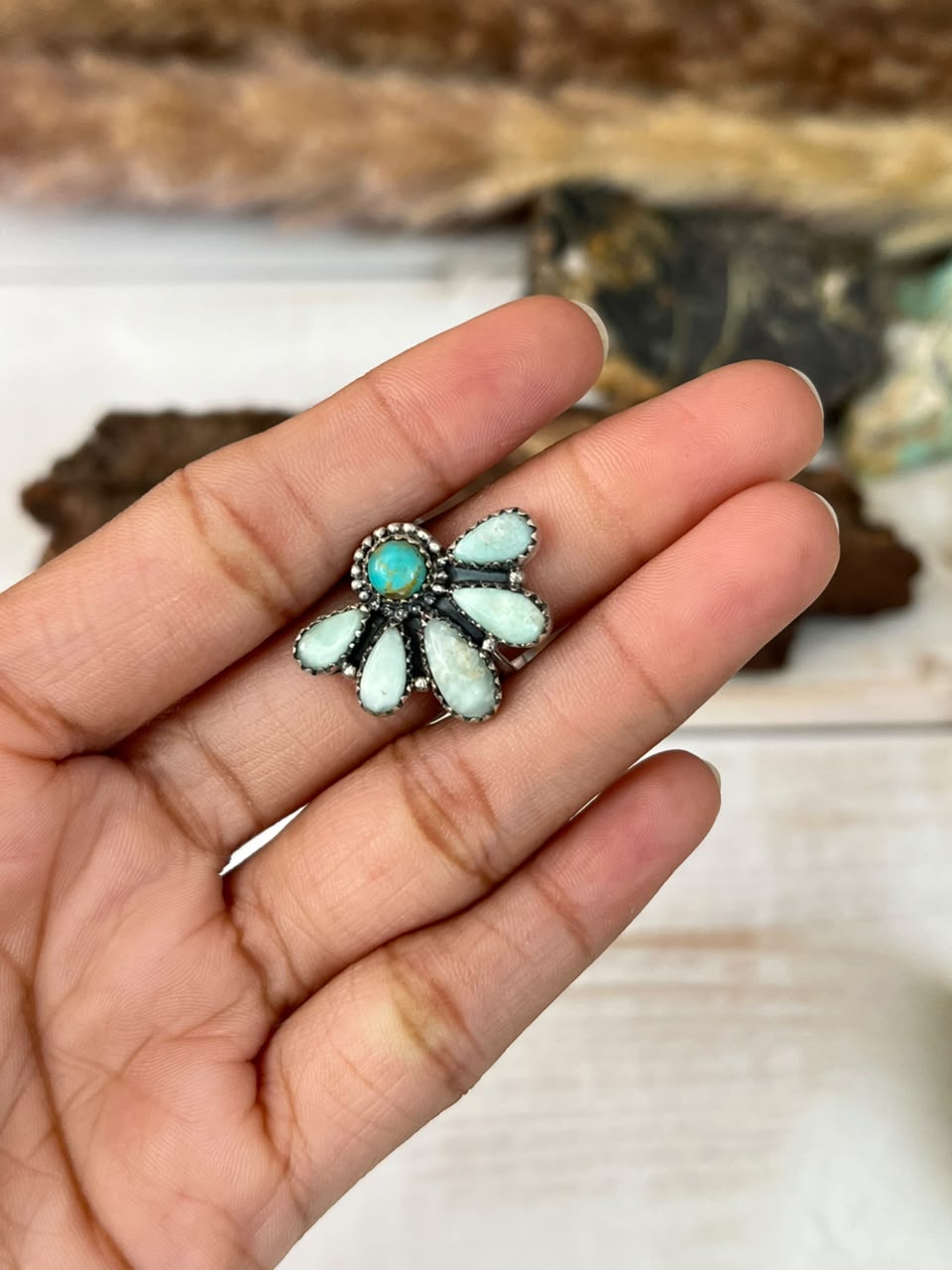 Handmade Sterling Silver Paloma with Kingman Turquoise Adjustable Ring Signed Nizhoni