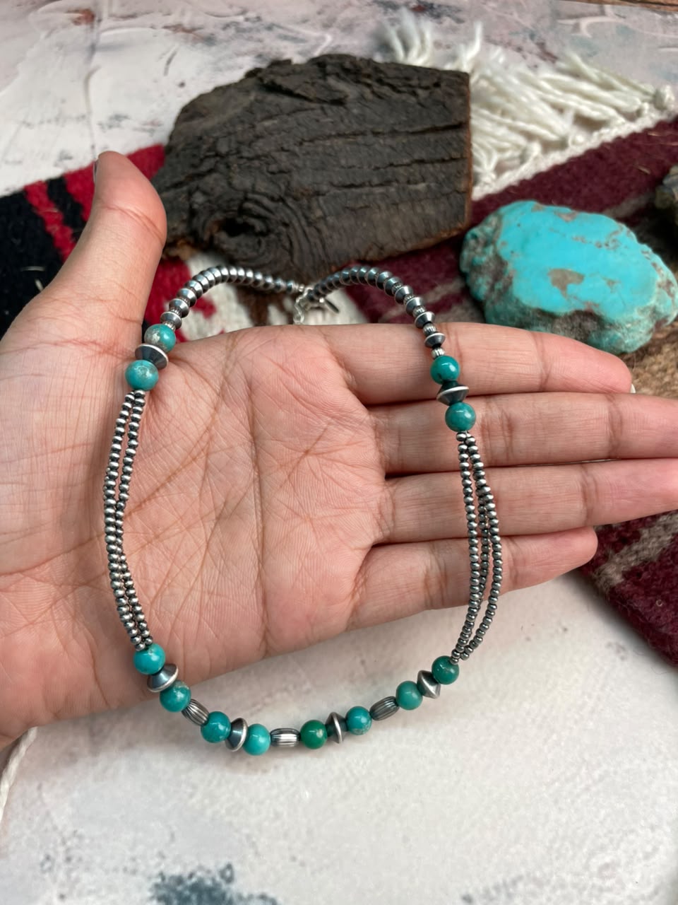 Handmade Sterling Silver Kingman Turquoise Beaded Necklace Signed Nizhoni