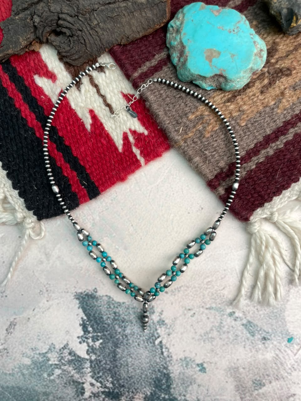 Handmade Sterling Silver Kingman Turquoise Beaded Necklace Signed Nizhoni
