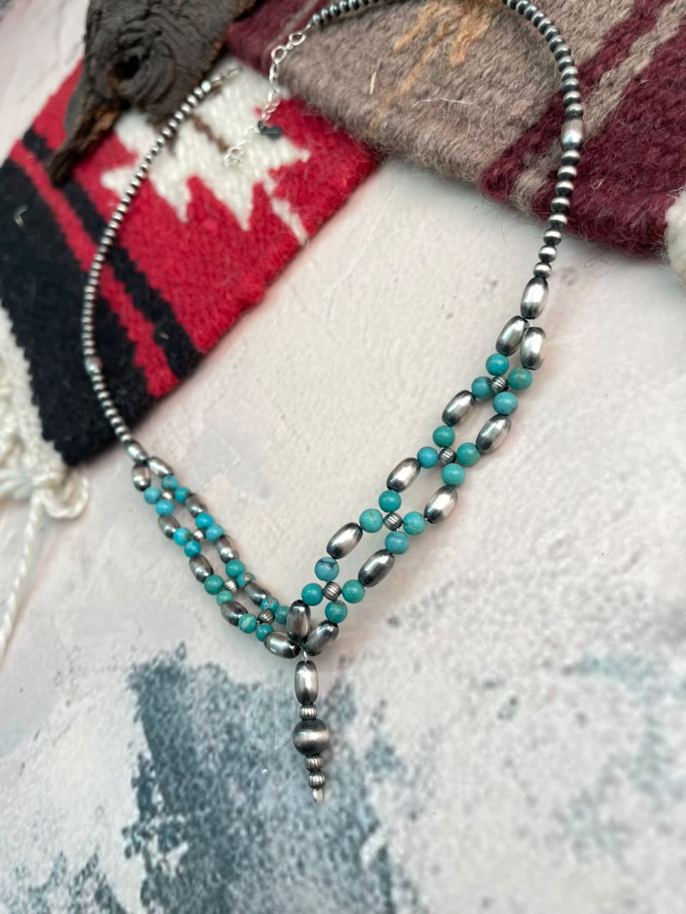 Handmade Sterling Silver Kingman Turquoise Beaded Necklace Signed Nizhoni