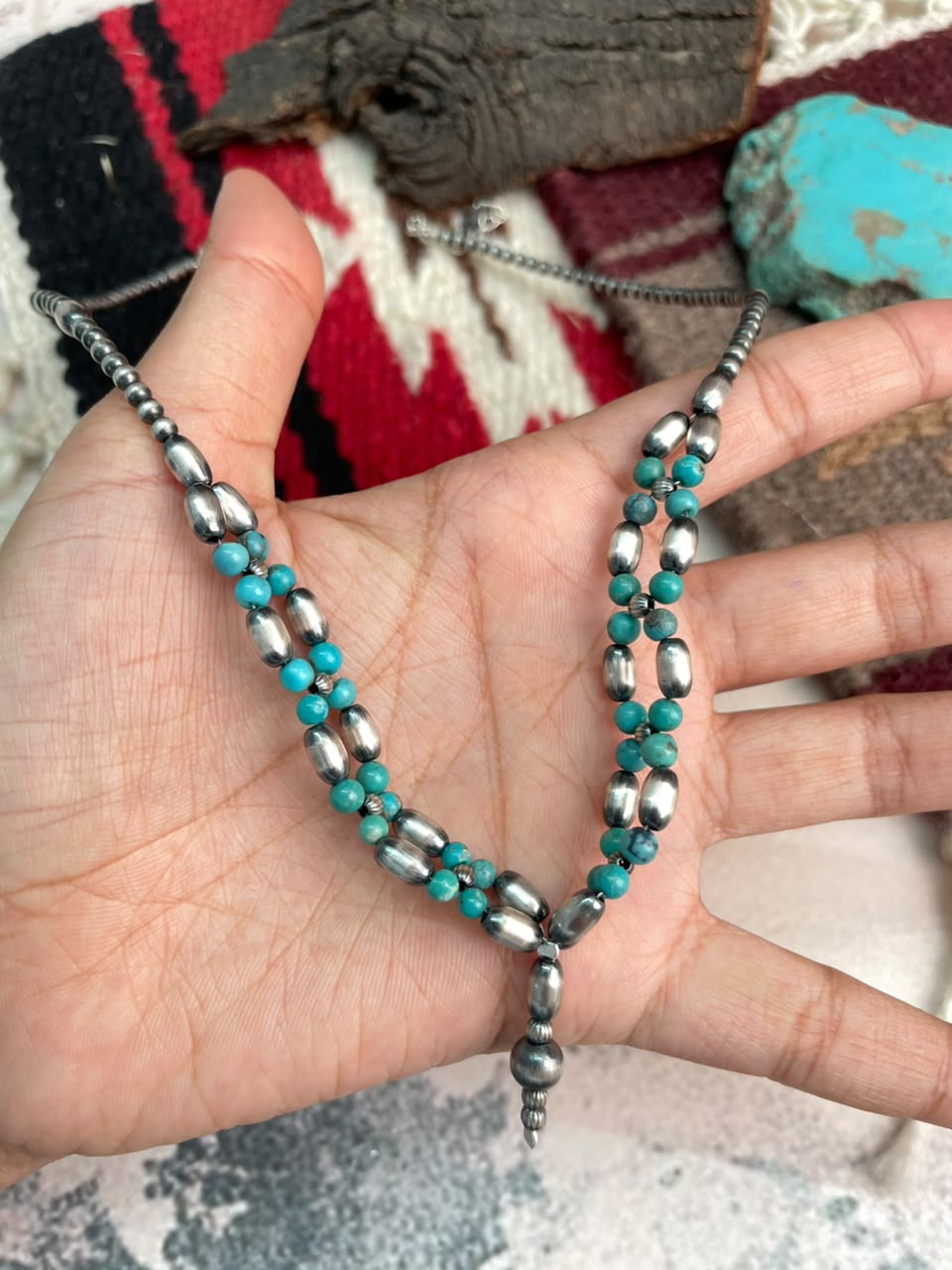 Handmade Sterling Silver Kingman Turquoise Beaded Necklace Signed Nizhoni