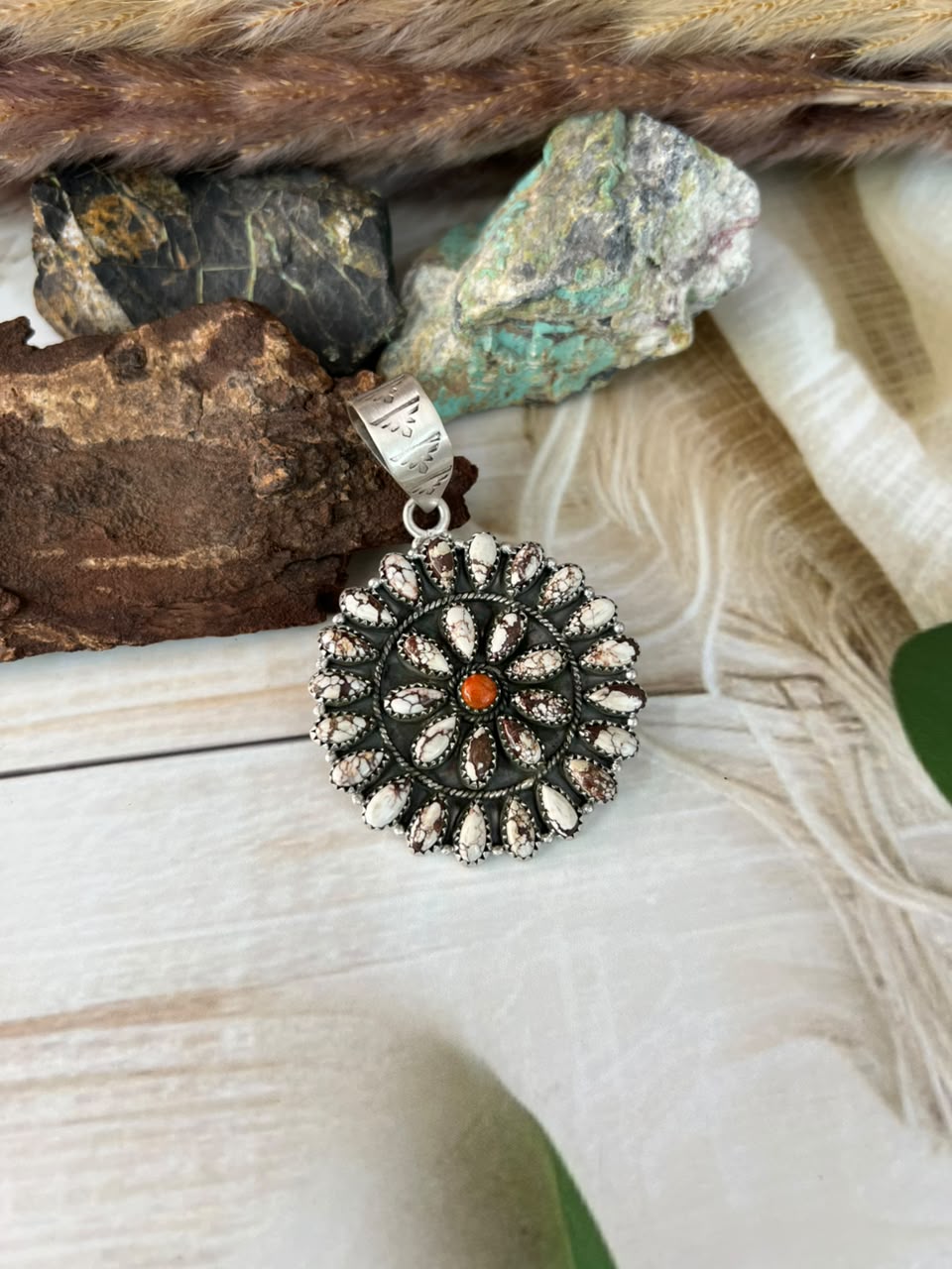Handmade Sterling Silver Wildhorse Magnesite with Orange Mojave Pendant Signed Nizhoni