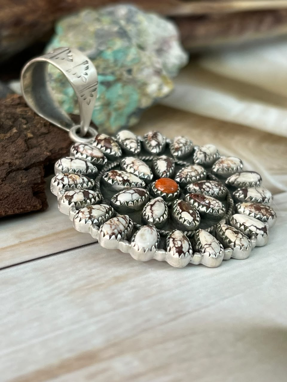 Handmade Sterling Silver Wildhorse Magnesite with Orange Mojave Pendant Signed Nizhoni