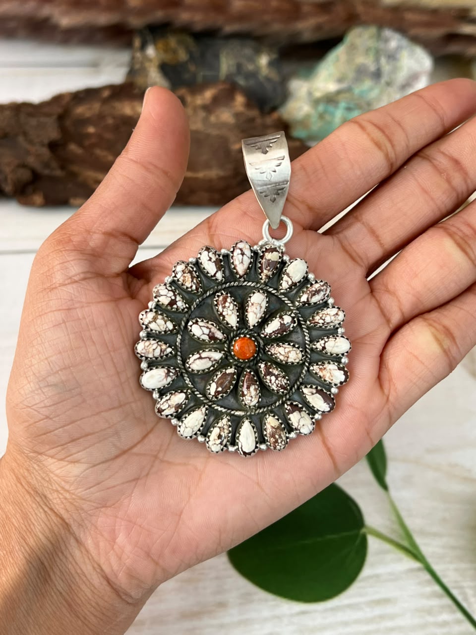 Handmade Sterling Silver Wildhorse Magnesite with Orange Mojave Pendant Signed Nizhoni
