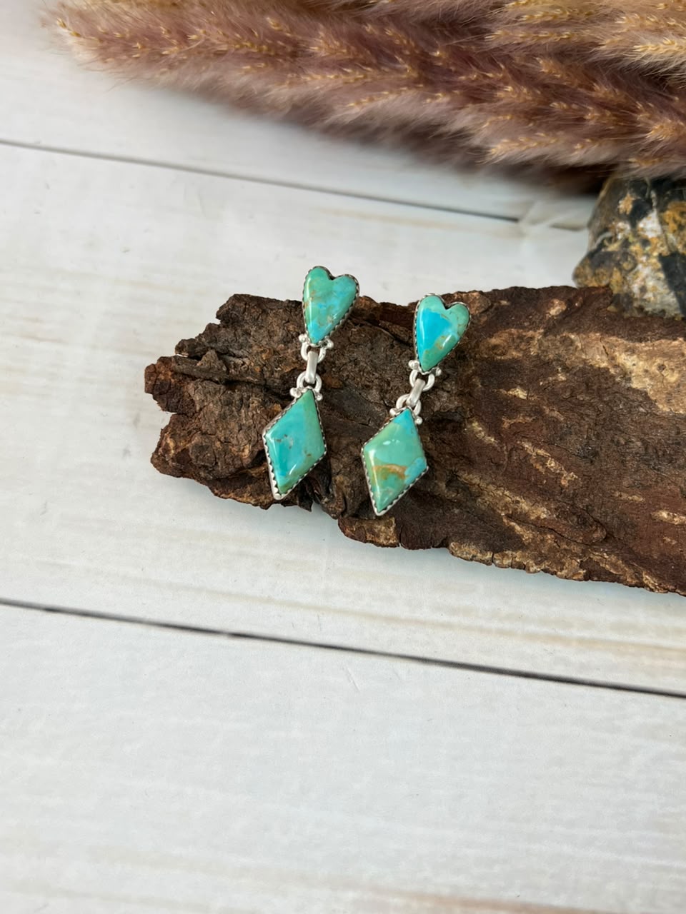 Handmade Sterling Silver Kingman Turquoise Post Dangle Heart Earrings Signed Nizhoni