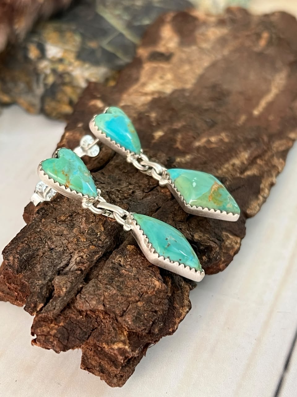 Handmade Sterling Silver Kingman Turquoise Post Dangle Heart Earrings Signed Nizhoni