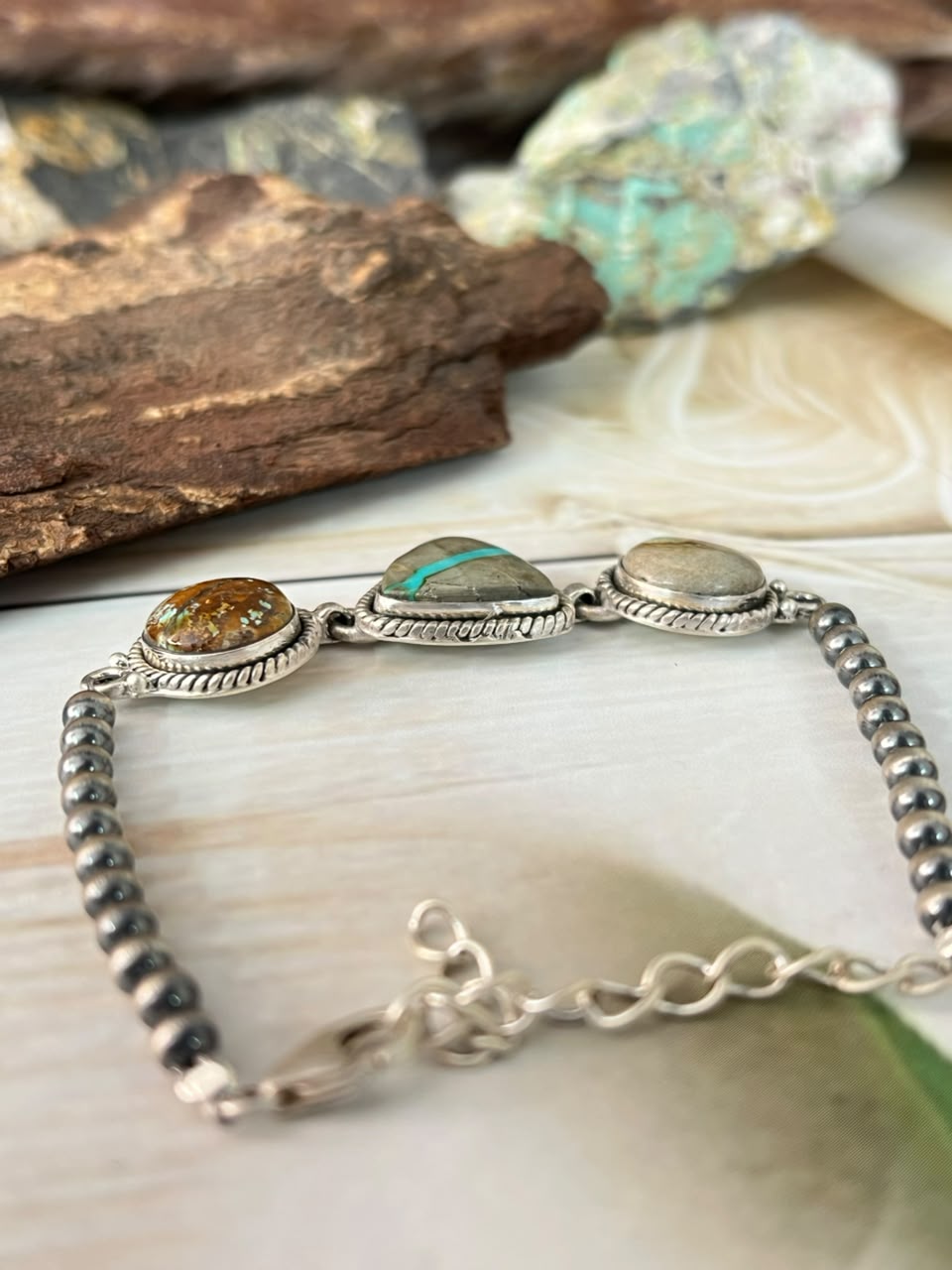 Handmade Sterling Silver Royston Ribbon Turquoise Beaded Chain Bracelet Signed Nizhoni