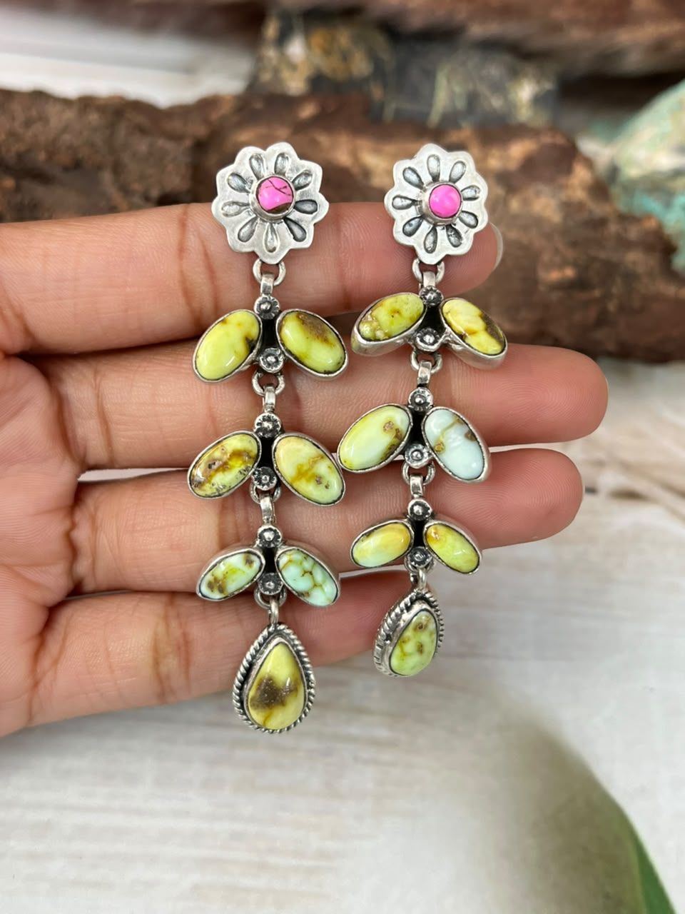 Handmade Sterling Silver Palomino Turquoise with Cotton Candy Post Dangle Earrings Signed Nizhoni