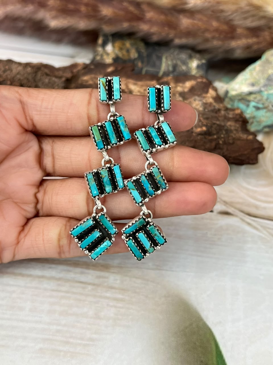 Handmade Sterling Silver Kingman Turquoise Post Dangle Earrings Signed Nizhoni