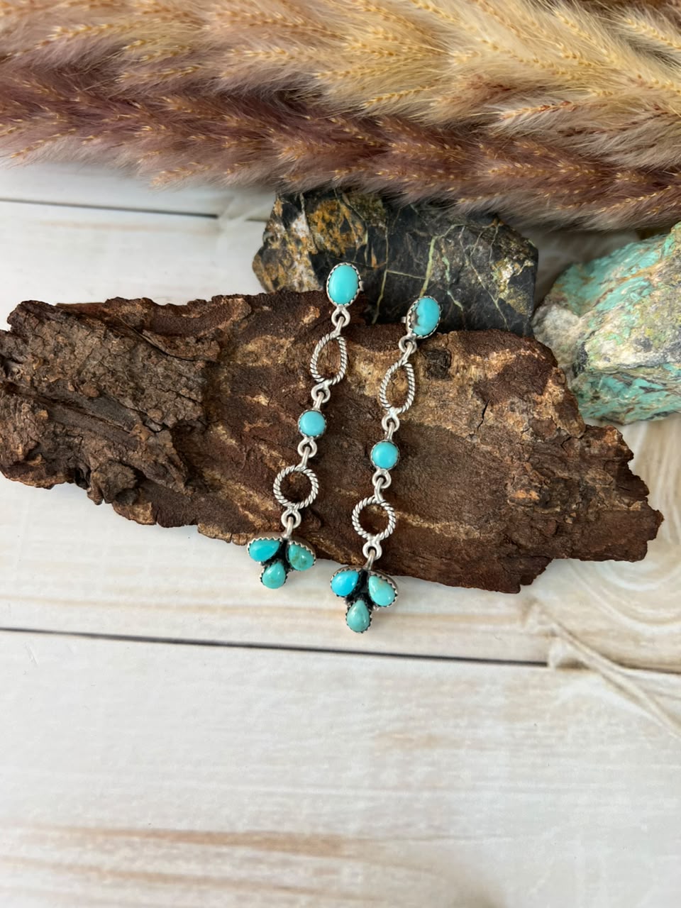 Handmade Sterling Silver Campitos Turquoise Post Dangle Earrings Signed Nizhoni