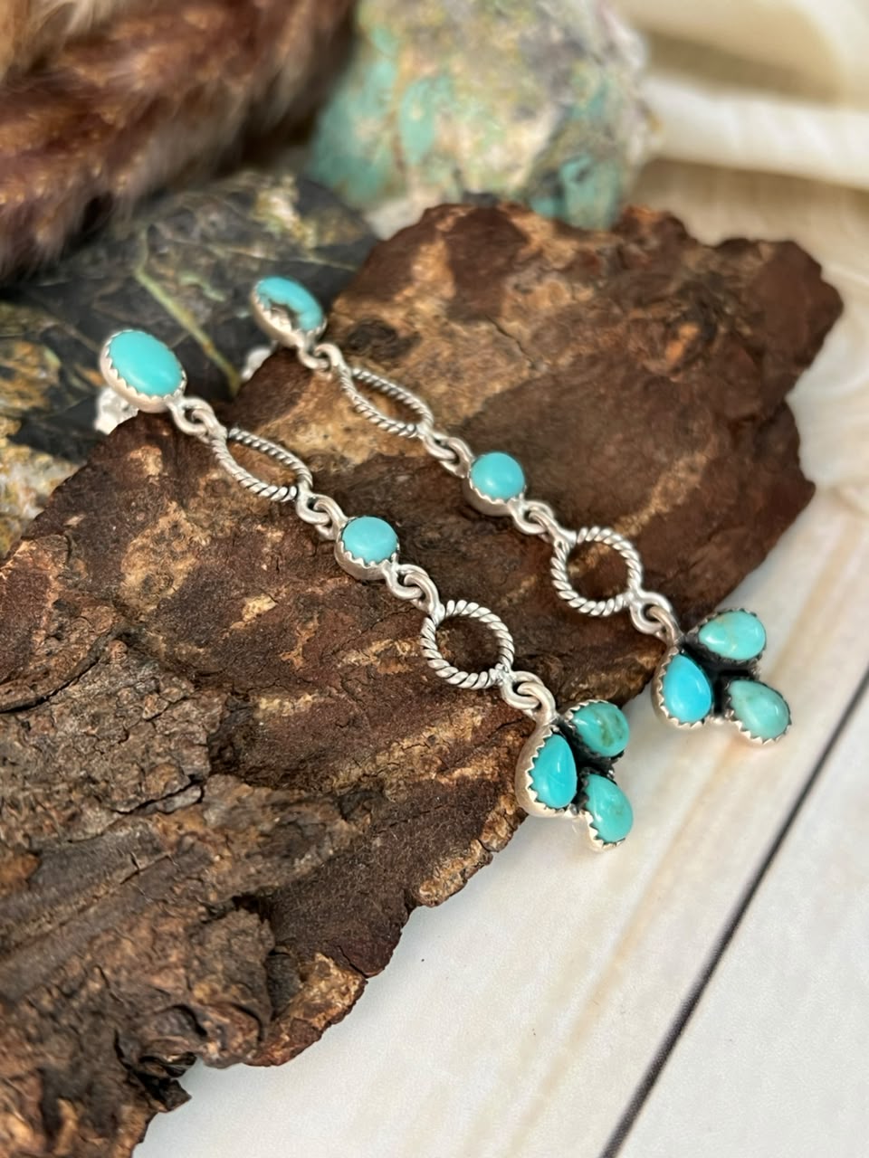 Handmade Sterling Silver Campitos Turquoise Post Dangle Earrings Signed Nizhoni