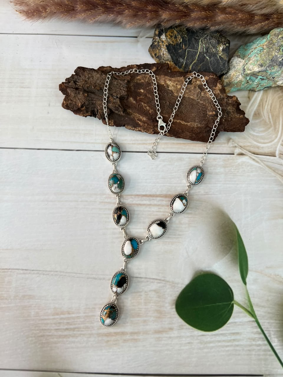 Handmade Sterling Silver Kingman with White Buffalo Turquoise Necklace Signed Nizhoni