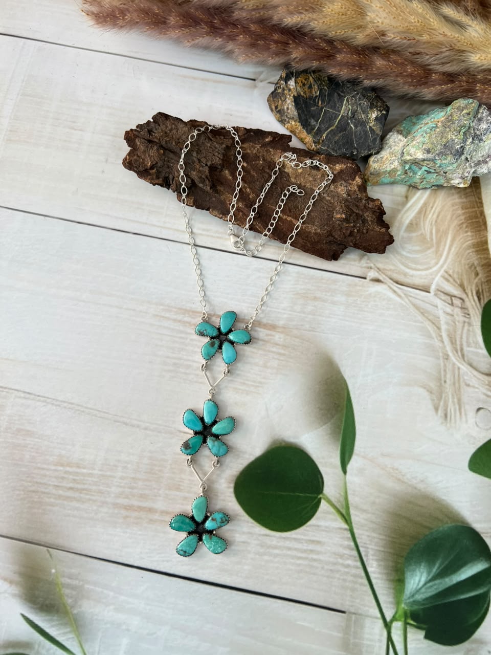 Handmade Sterling Silver Campitos Turquoise Drop Necklace Signed Nizhoni