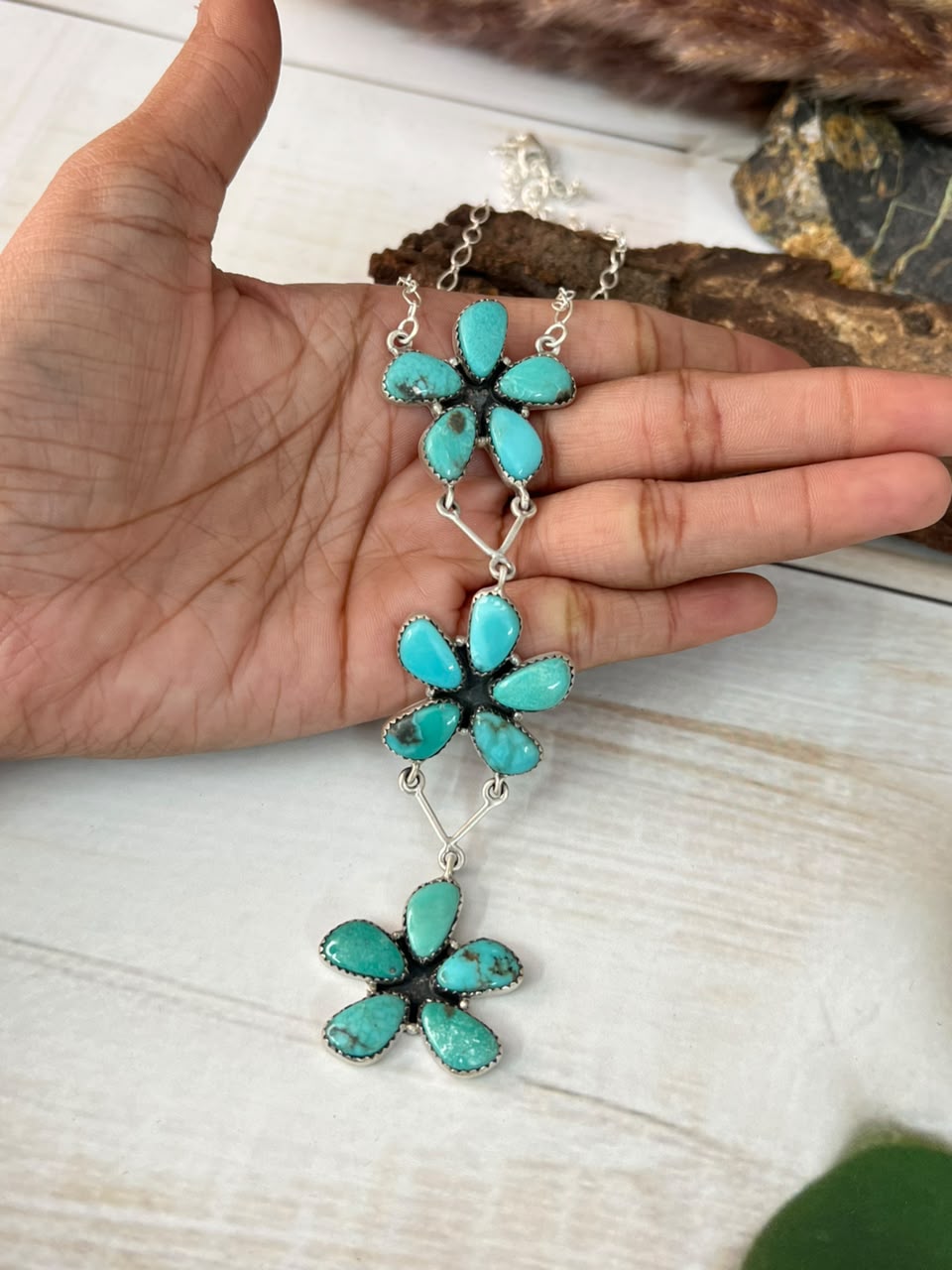 Handmade Sterling Silver Campitos Turquoise Drop Necklace Signed Nizhoni