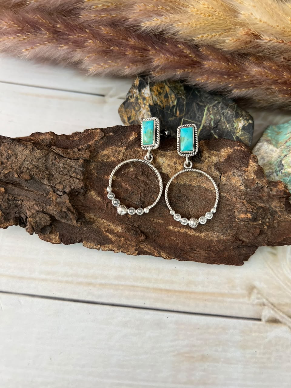 Handmade Sterling Silver Kingman Turquoise Post Dangle Earrings Signed Nizhoni