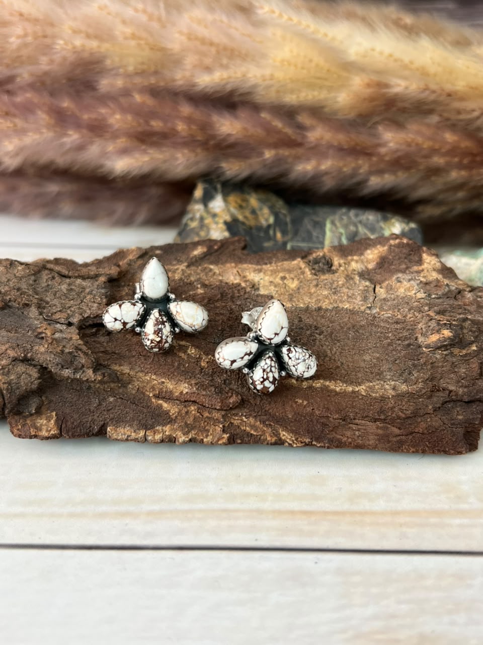 Handmade Sterling Silver Wildhorse Magnesite Post Studs Earrings Signed Nizhoni