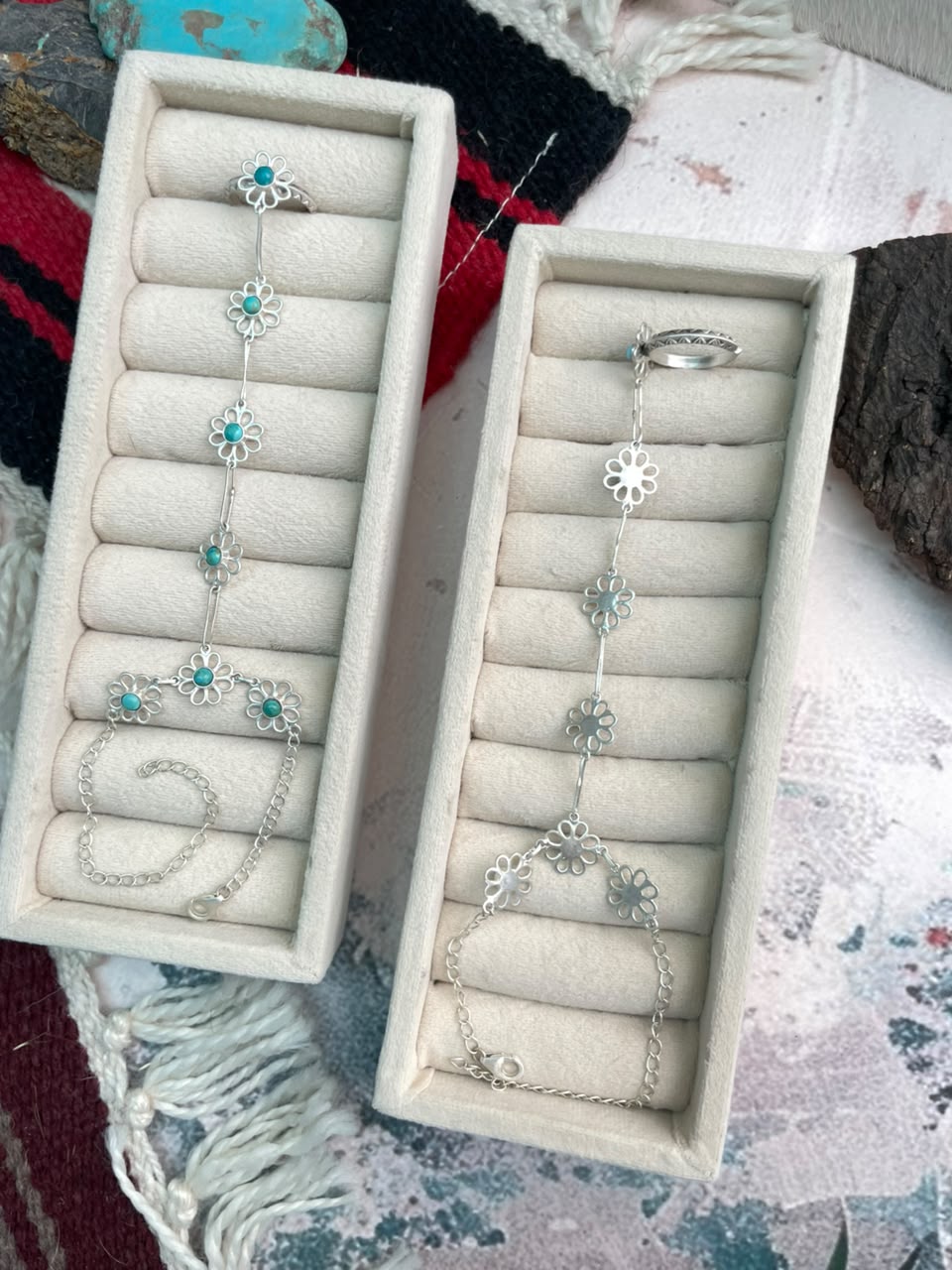 Handmade Sterling Silver Cotton Candy and Kingman Turquoise Flower Collection: Hand Harness
