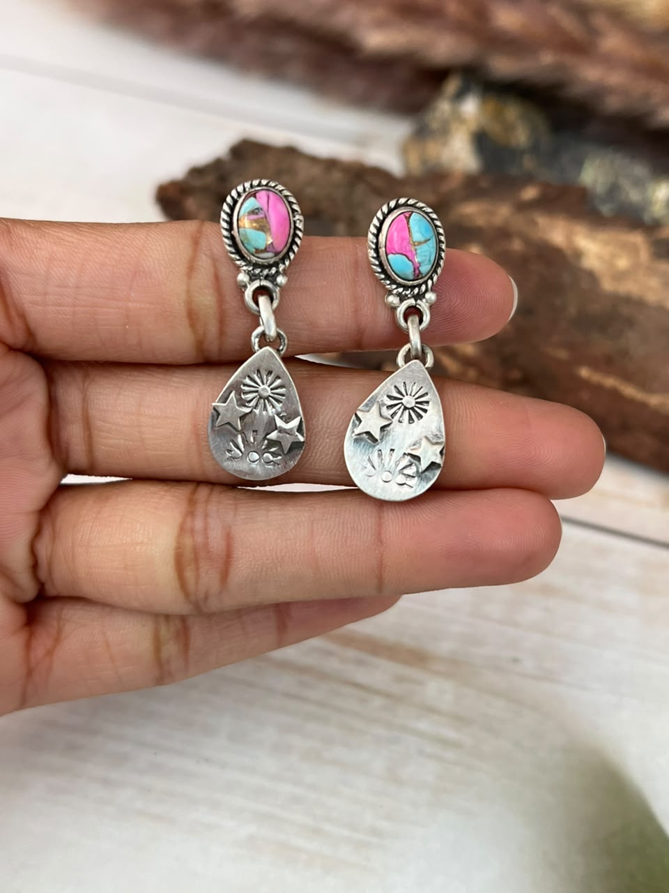 Handmade Sterling Silver Cotton Candy Post Dangle Earrings Signed Nizhoni