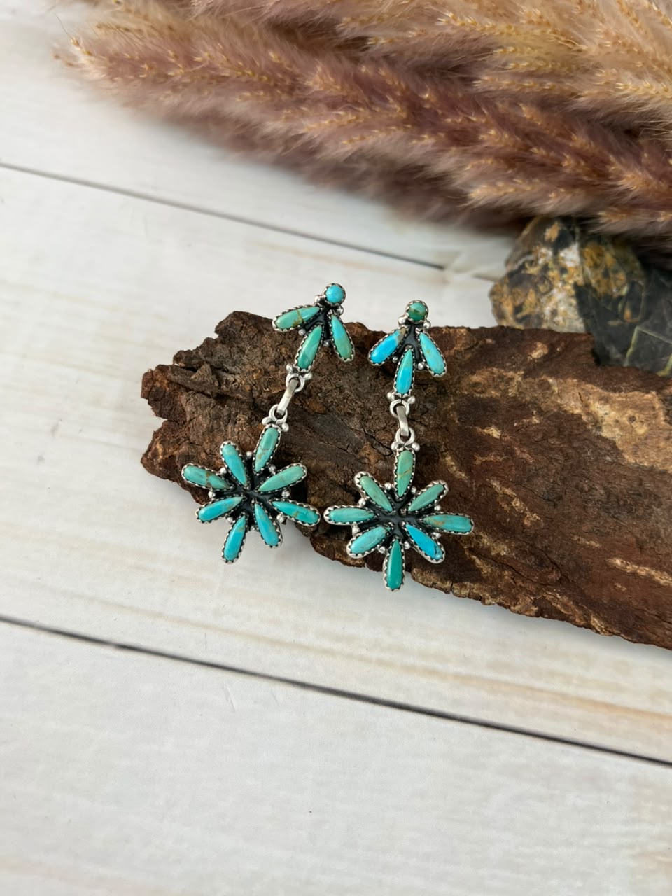 Handmade Sterling Silver Kingman Turquoise Post Dangle Earrings Signed Nizhoni