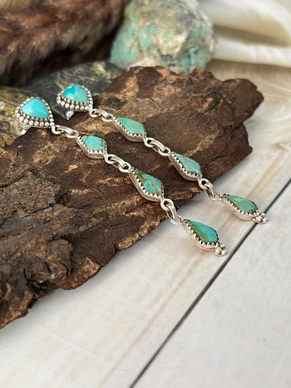 Handmade Sterling Silver Kingman Turquoise Post Dangle Heart Earrings Signed Nizhoni