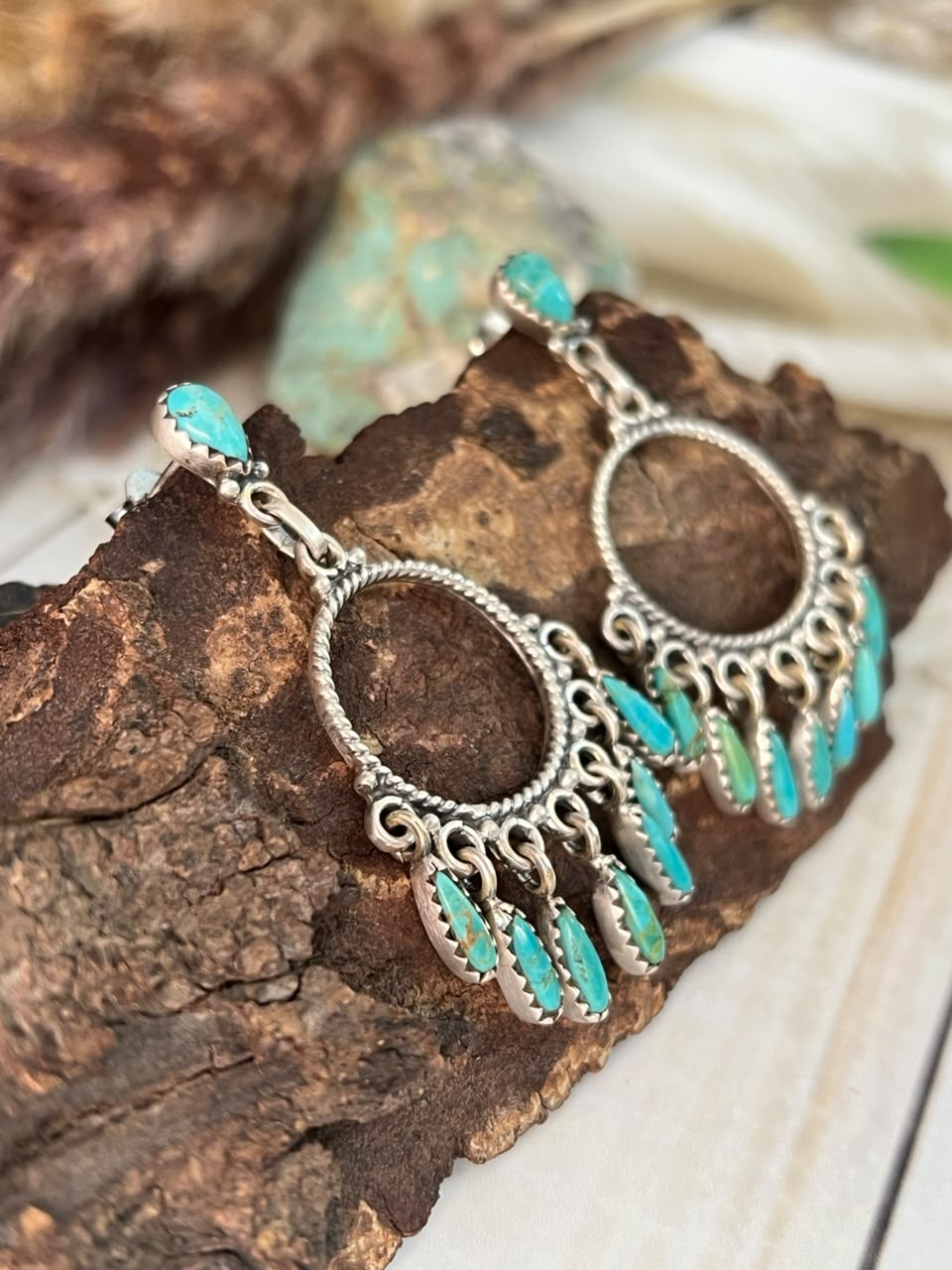 Handmade Sterling Silver Kingman Turquoise Post Dangle Earrings Signed Nizhoni