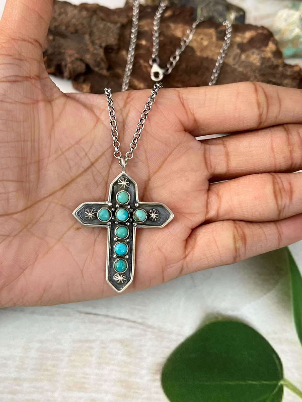 Handmade Sterling Silver Kingman Turquoise Cross Necklace Signed Nizhoni