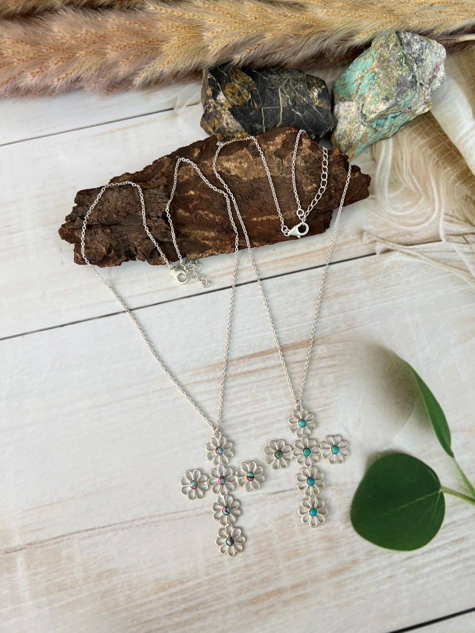 Handmade Sterling Silver Cotton Candy and Kingman Turquoise Flower Collection: Cross Necklace