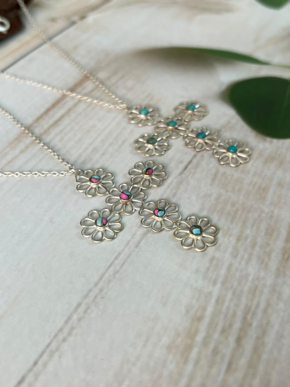 Handmade Sterling Silver Cotton Candy and Kingman Turquoise Flower Collection: Cross Necklace
