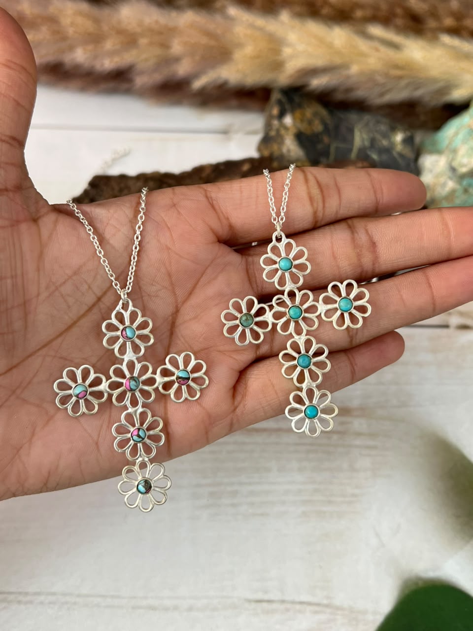 Handmade Sterling Silver Cotton Candy and Kingman Turquoise Flower Collection: Cross Necklace