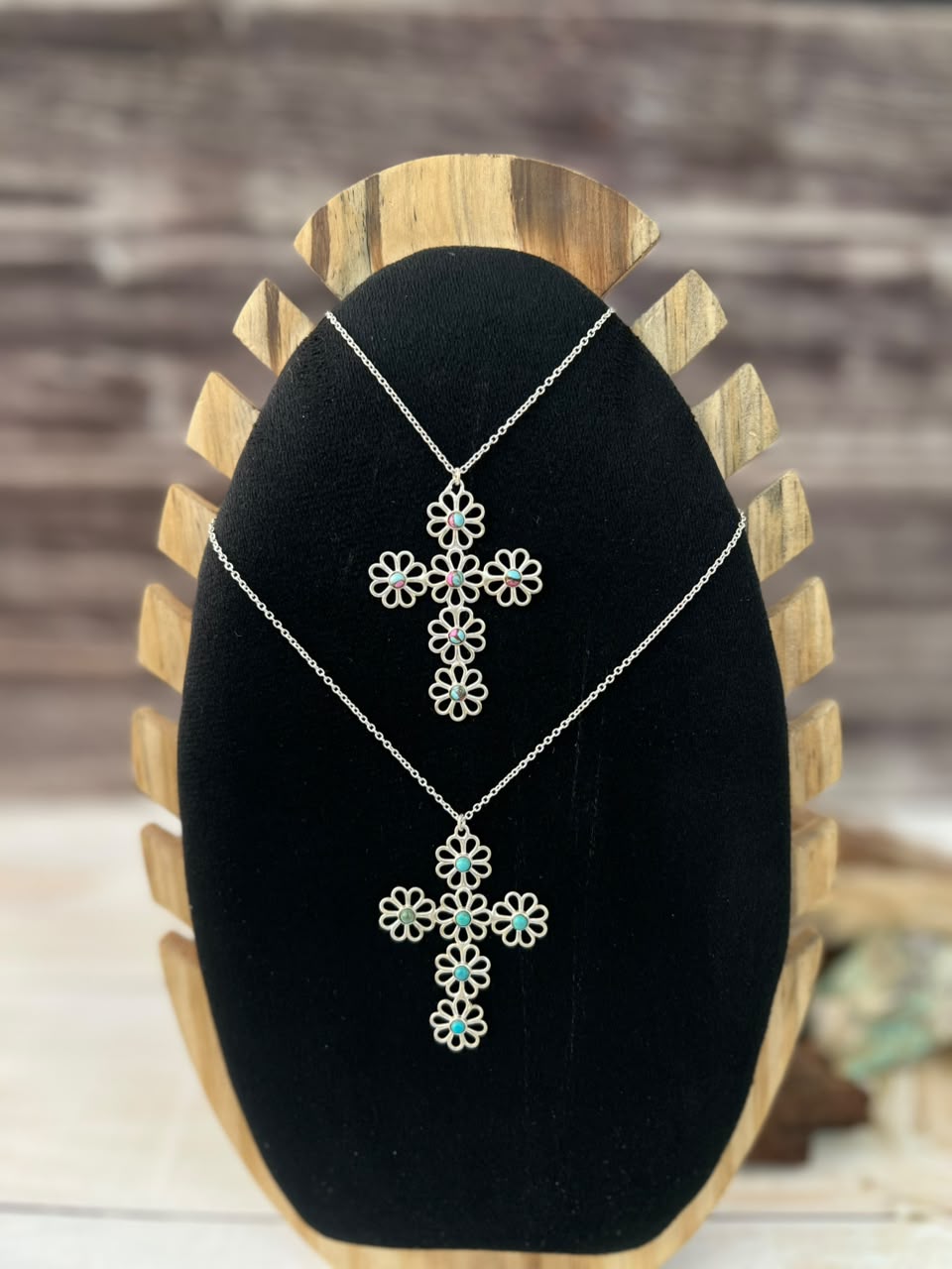 Handmade Sterling Silver Cotton Candy and Kingman Turquoise Flower Collection: Cross Necklace