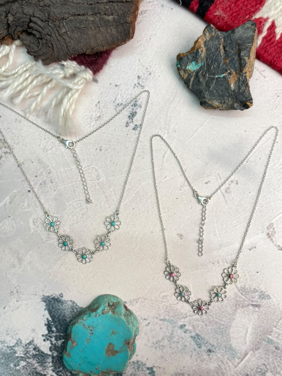 Handmade Sterling Silver Cotton Candy and Kingman Turquoise Flower Collection: Necklace