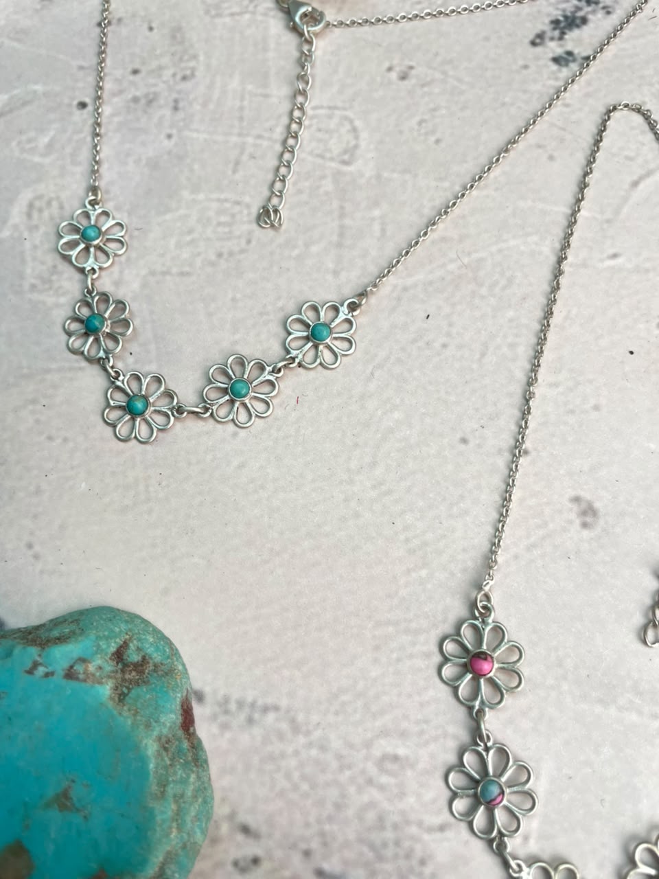 Handmade Sterling Silver Cotton Candy and Kingman Turquoise Flower Collection: Necklace