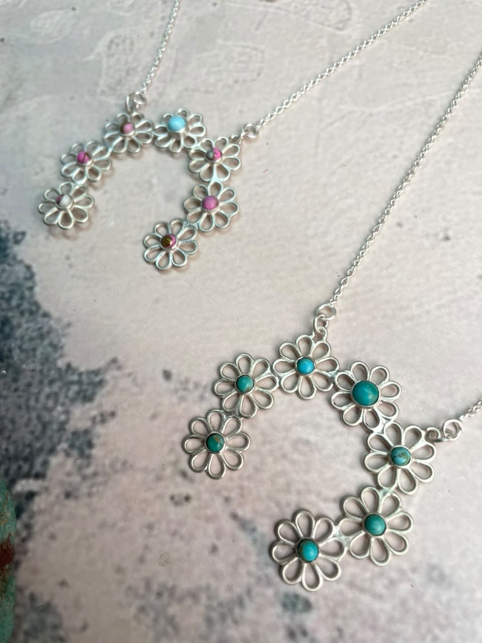 Handmade Sterling Silver Cotton Candy and Kingman Turquoise Flower Collection: Naja Necklace
