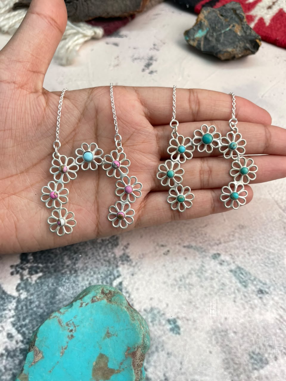 Handmade Sterling Silver Cotton Candy and Kingman Turquoise Flower Collection: Naja Necklace