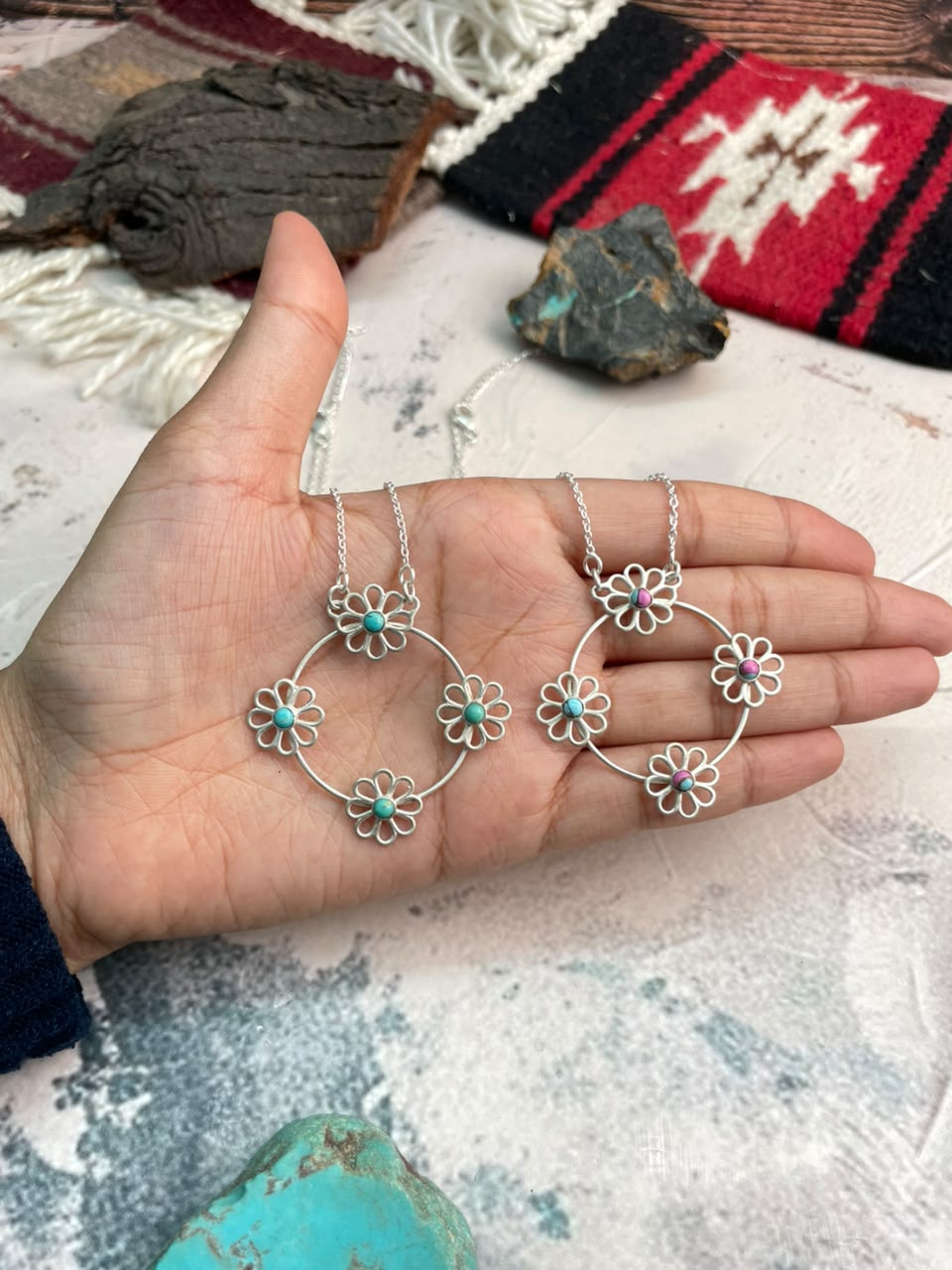 Handmade Sterling Silver Cotton Candy and Kingman Turquoise Flower Collection: Necklace