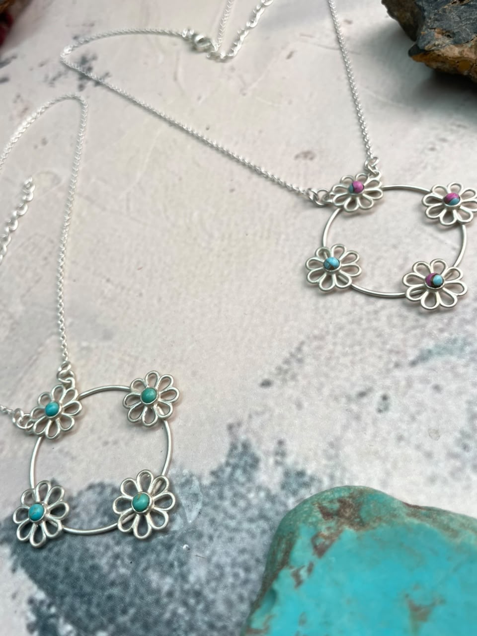 Handmade Sterling Silver Cotton Candy and Kingman Turquoise Flower Collection: Necklace
